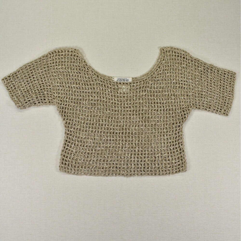 VTG Jabe Made in Italy Linen Blend Woven Knit Crop Top Shirt Tan Small Crochet